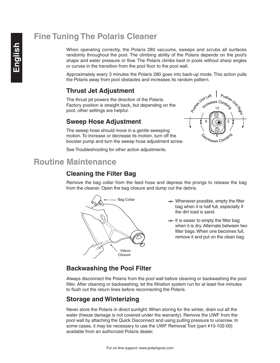 Exploded parts diagram, Fine tuning the polaris cleaner, English routine maintenance | Thrust jet adjustment, Sweep hose adjustment, Cleaning the filter bag, Backwashing the pool filter, Storage and winterizing | Polaris 280 User Manual | Page 6 / 9
