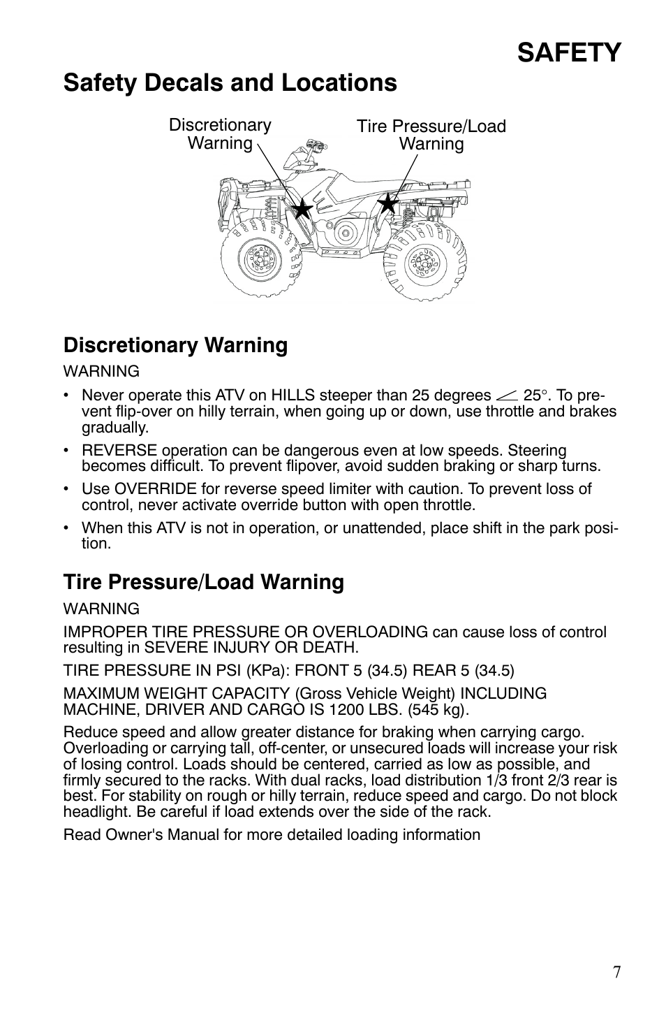 Safety, Safety decals and locations, Discretionary warning | Tire pressure/load warning | Polaris Sportsman 9920629 User Manual | Page 10 / 143