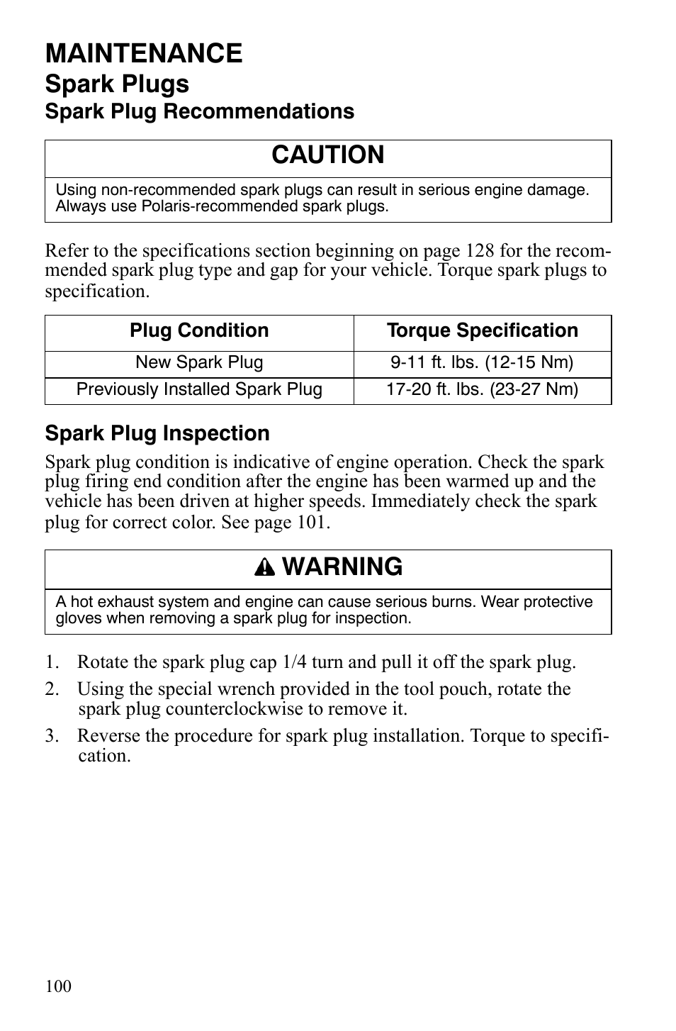 Maintenance, Spark plugs, Caution | Warning | Polaris Sportsman 9920629 User Manual | Page 103 / 143