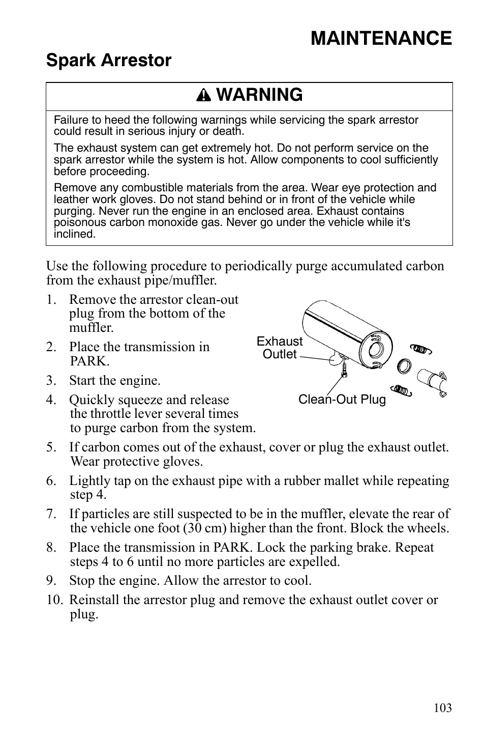Maintenance, Spark arrestor, Warning | Polaris Sportsman 9920629 User Manual | Page 106 / 143