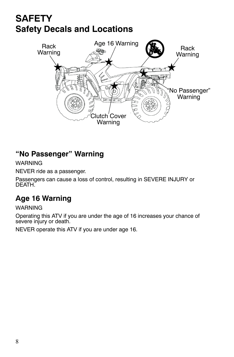 Safety, Safety decals and locations | Polaris Sportsman 9920629 User Manual | Page 11 / 143