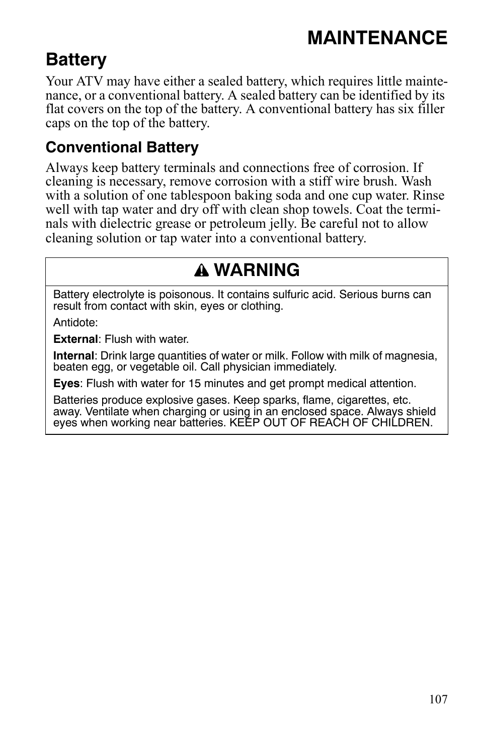 Maintenance, Battery, Warning | Polaris Sportsman 9920629 User Manual | Page 110 / 143