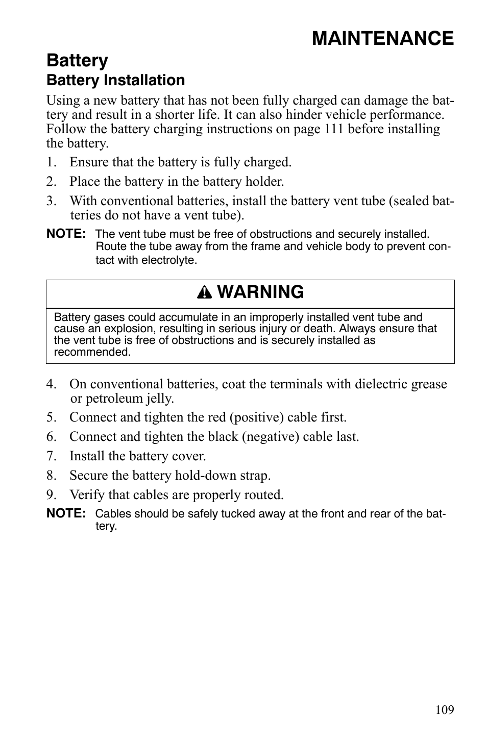 Maintenance, Battery, Warning | Battery installation | Polaris Sportsman 9920629 User Manual | Page 112 / 143