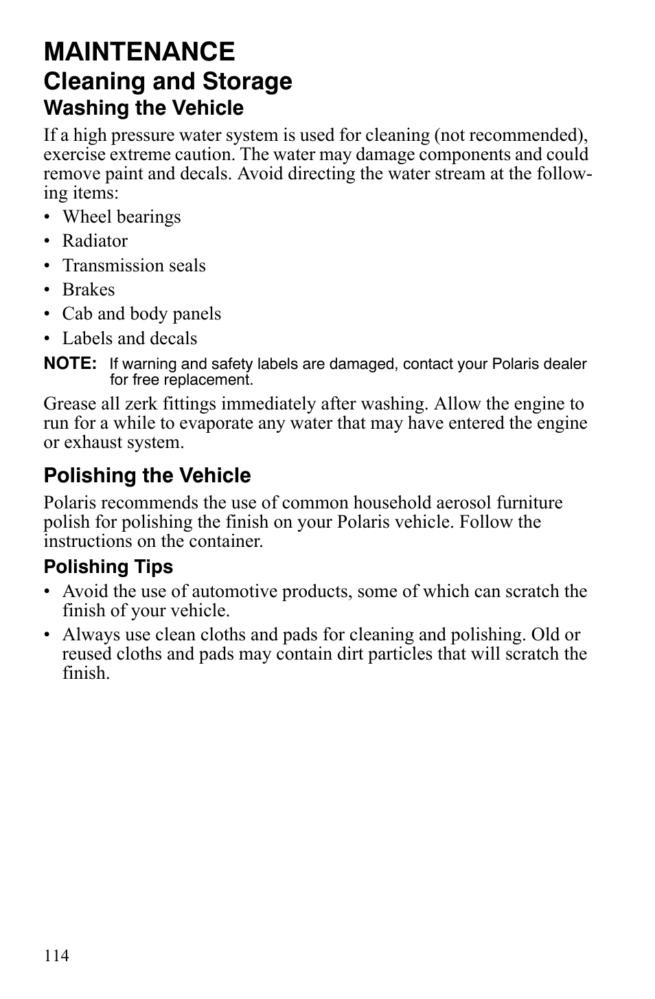 Maintenance, Cleaning and storage | Polaris Sportsman 9920629 User Manual | Page 117 / 143