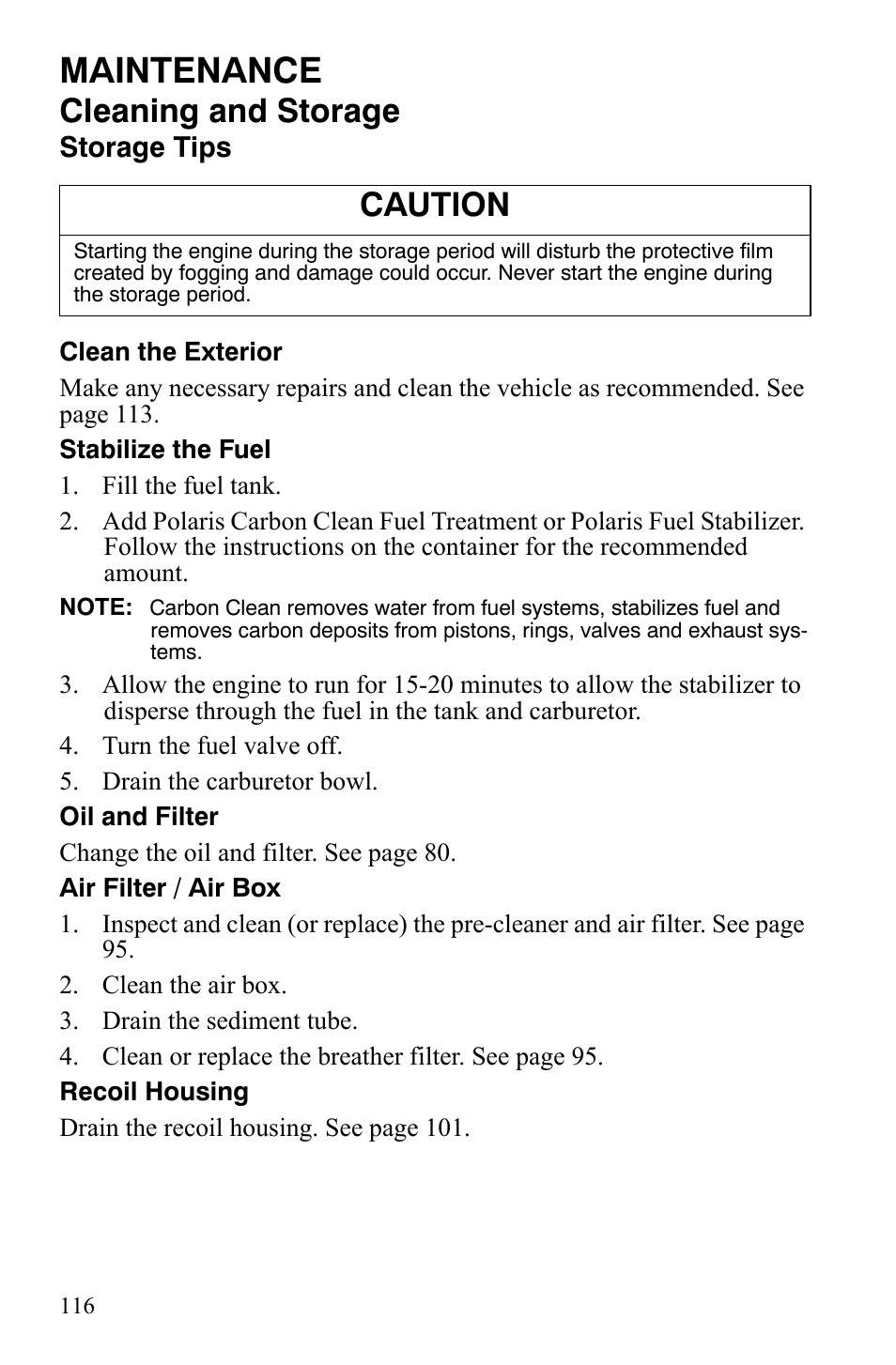 Maintenance, Cleaning and storage, Caution | Polaris Sportsman 9920629 User Manual | Page 119 / 143