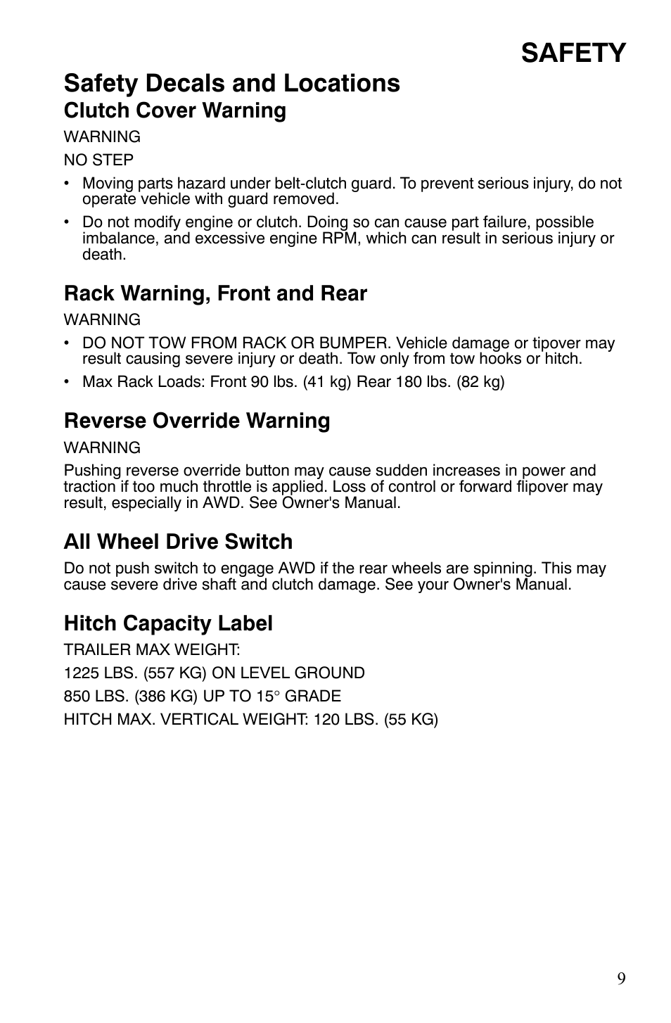 Safety, Safety decals and locations, Clutch cover warning | Rack warning, front and rear, Reverse override warning, All wheel drive switch, Hitch capacity label | Polaris Sportsman 9920629 User Manual | Page 12 / 143