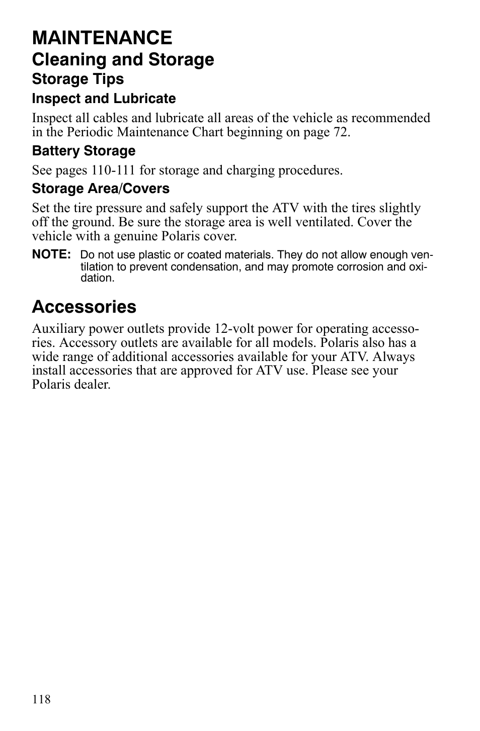 Maintenance, Cleaning and storage, Accessories | Polaris Sportsman 9920629 User Manual | Page 121 / 143