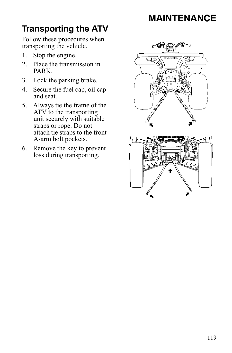 Maintenance, Transporting the atv | Polaris Sportsman 9920629 User Manual | Page 122 / 143
