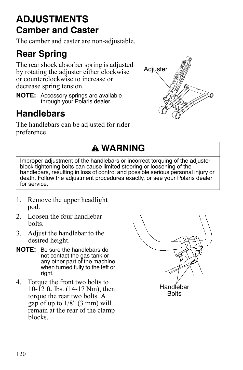 Adjustments, Camber and caster, Rear spring | Handlebars, Warning | Polaris Sportsman 9920629 User Manual | Page 123 / 143