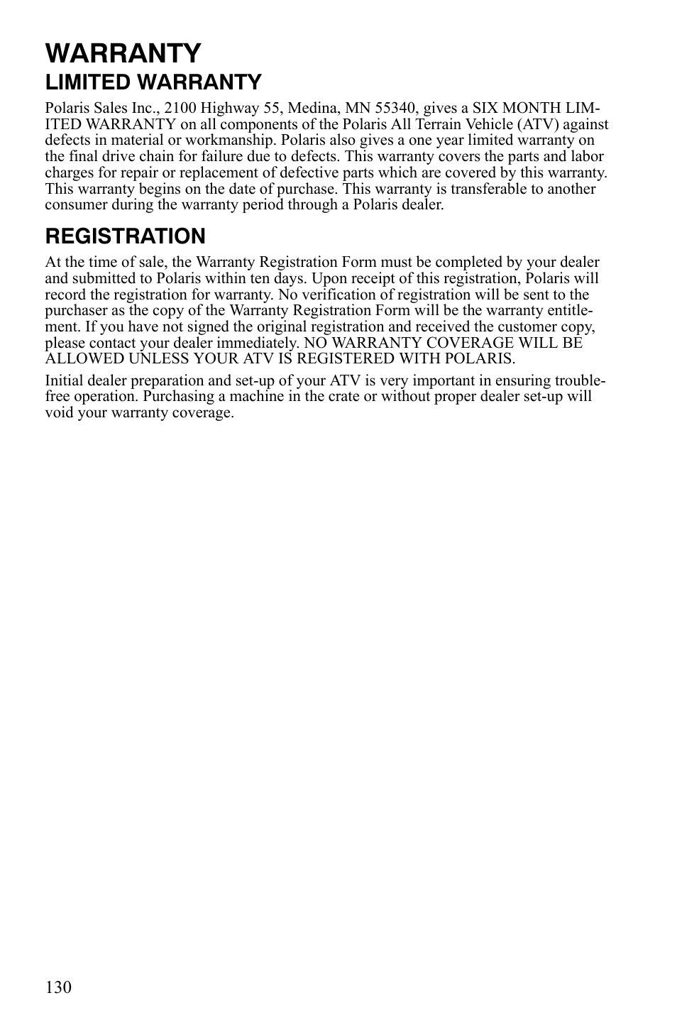 Warranty, Limited warranty, Registration | Polaris Sportsman 9920629 User Manual | Page 133 / 143