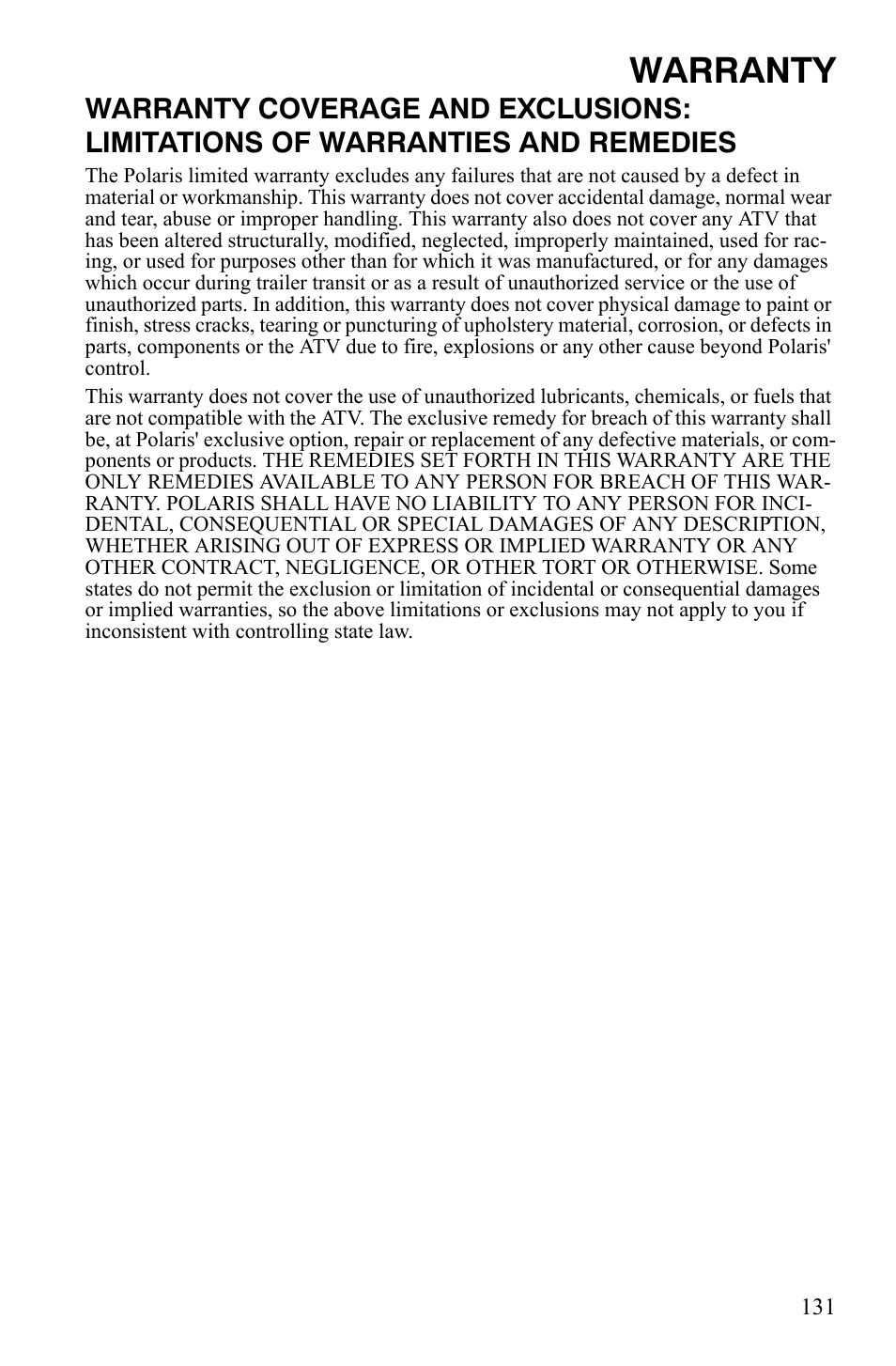 Warranty | Polaris Sportsman 9920629 User Manual | Page 134 / 143
