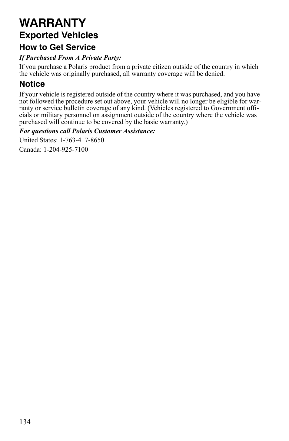 Warranty, Exported vehicles | Polaris Sportsman 9920629 User Manual | Page 137 / 143