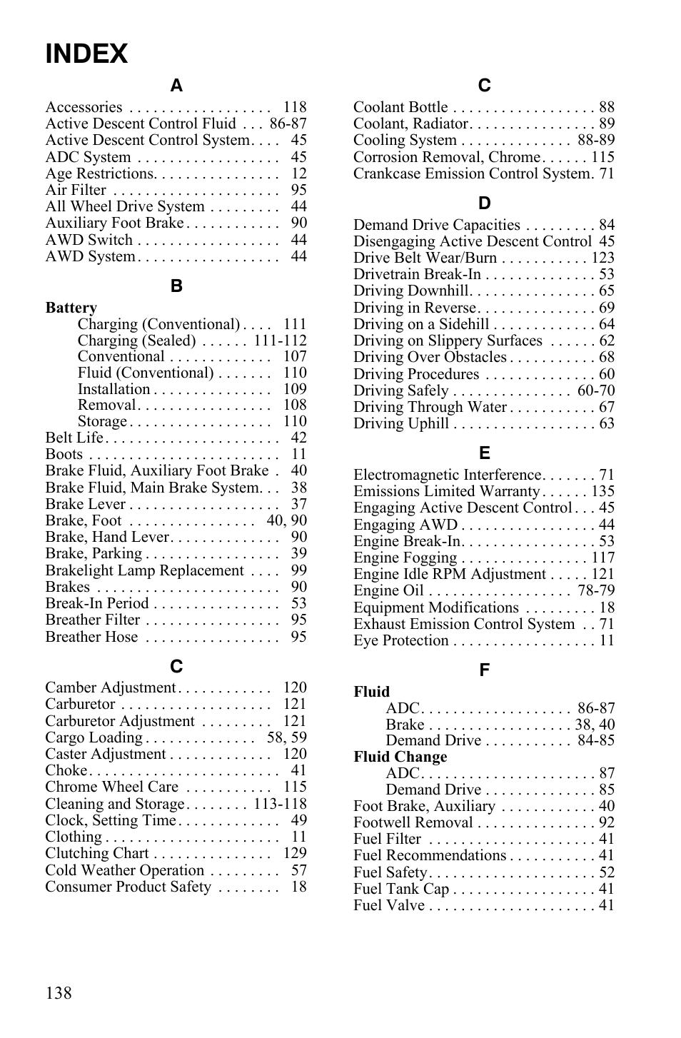 Index | Polaris Sportsman 9920629 User Manual | Page 141 / 143