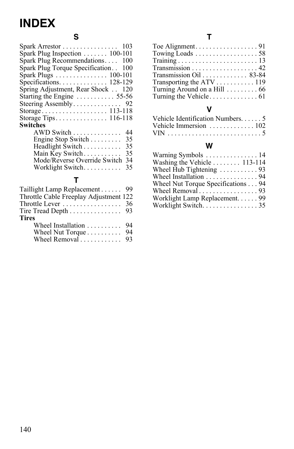 Index | Polaris Sportsman 9920629 User Manual | Page 143 / 143