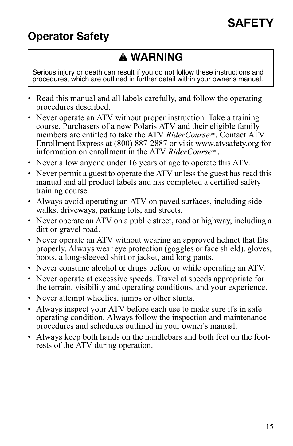 Safety, Operator safety, Warning | Polaris Sportsman 9920629 User Manual | Page 18 / 143
