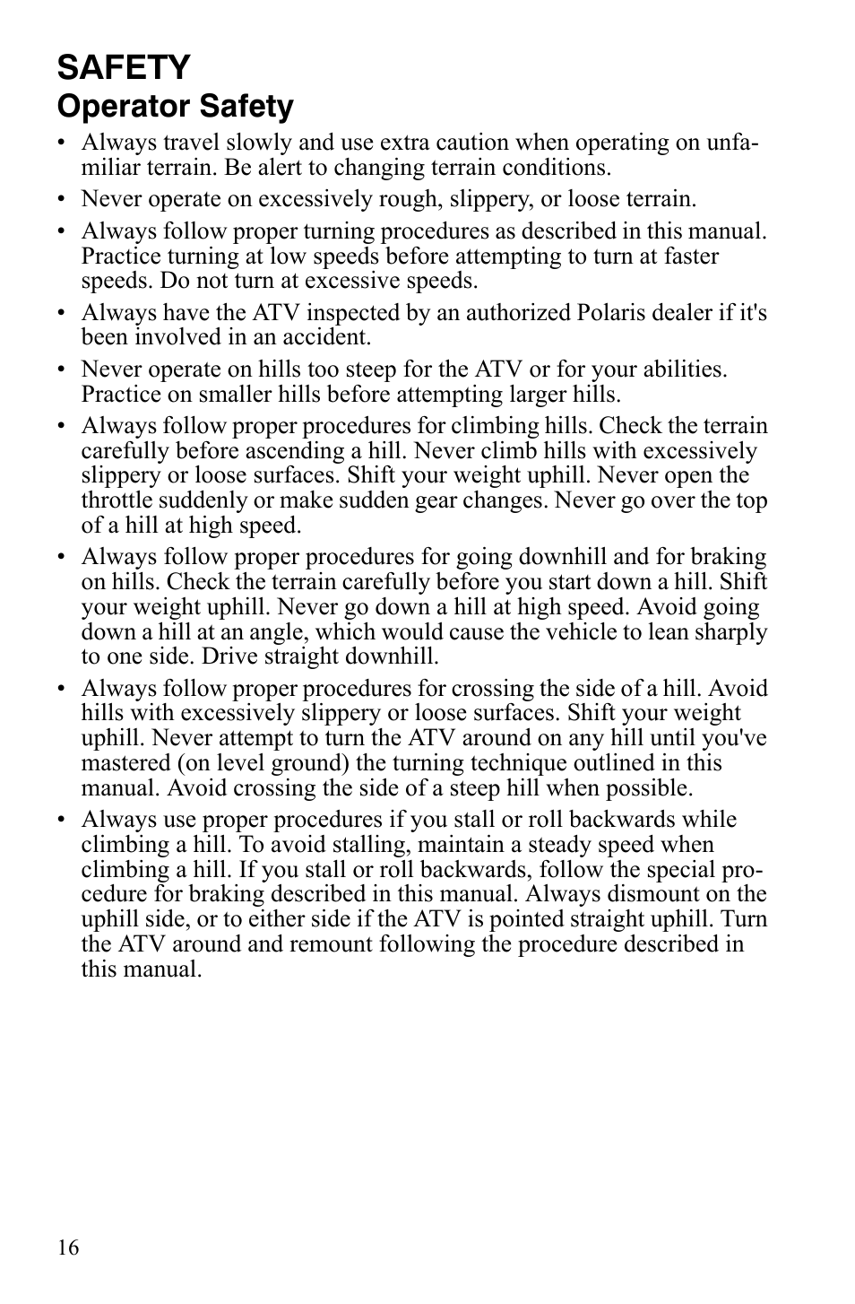 Safety, Operator safety | Polaris Sportsman 9920629 User Manual | Page 19 / 143