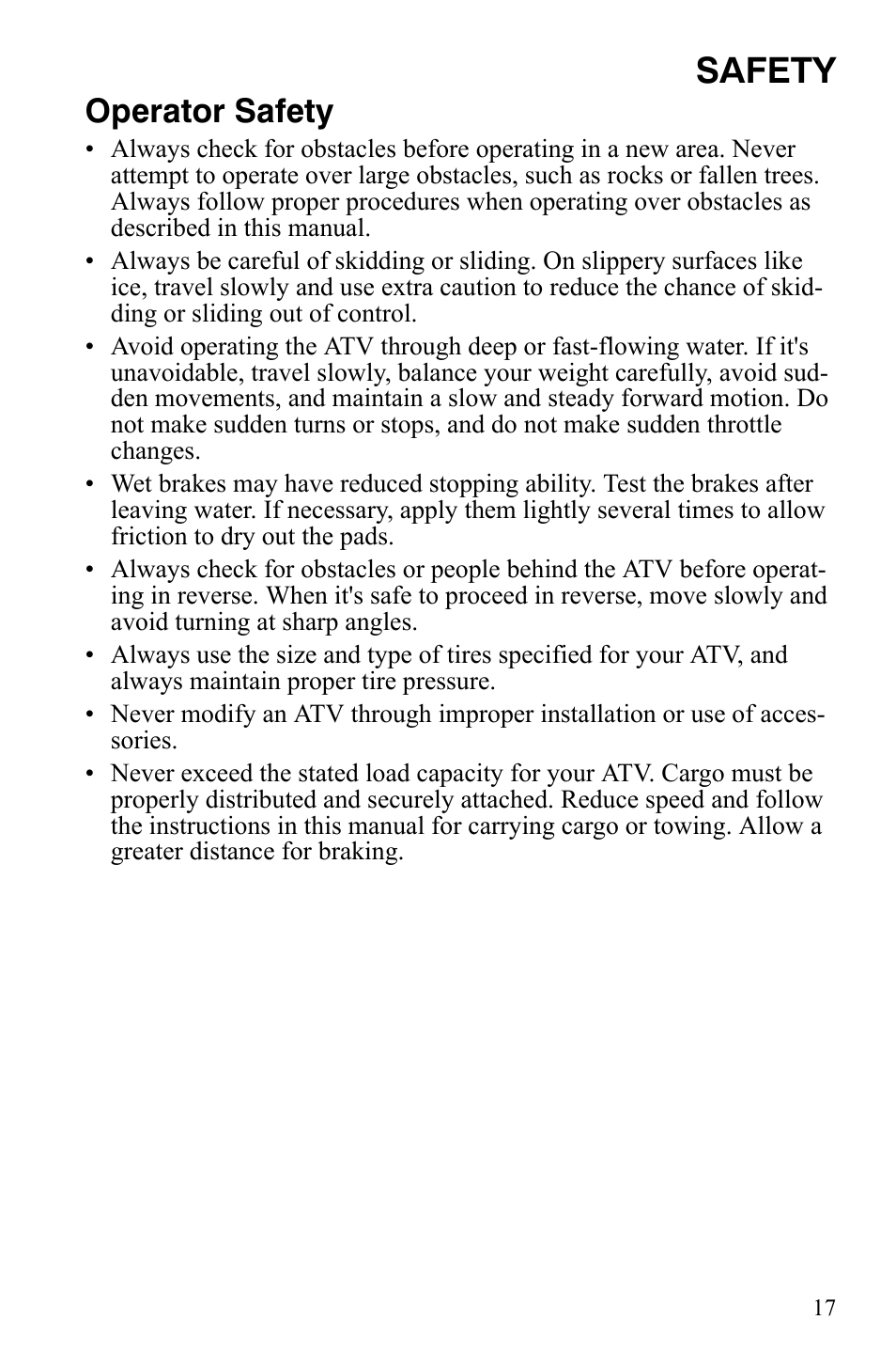 Safety, Operator safety | Polaris Sportsman 9920629 User Manual | Page 20 / 143