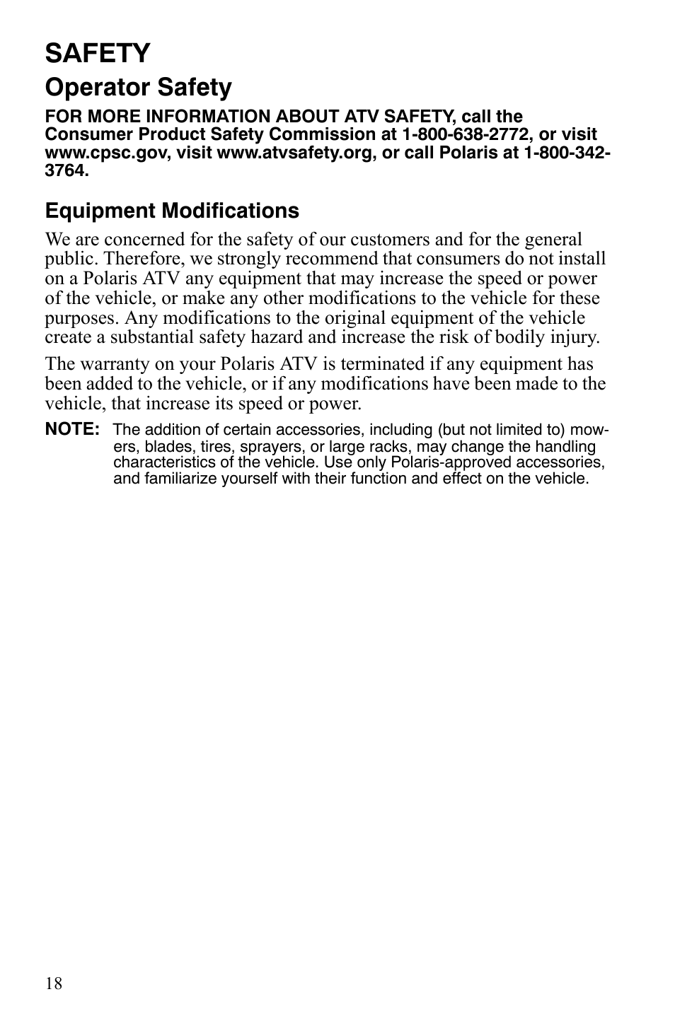 Safety, Operator safety, Equipment modifications | Polaris Sportsman 9920629 User Manual | Page 21 / 143