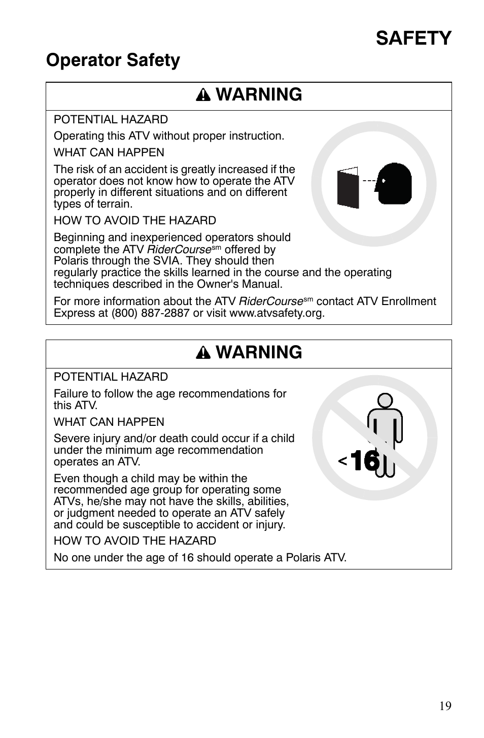 Safety, Operator safety warning, Warning | Polaris Sportsman 9920629 User Manual | Page 22 / 143