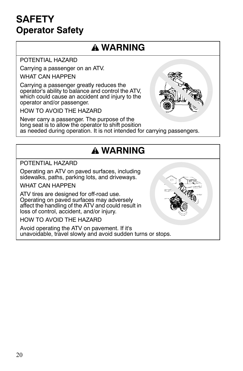 Safety, Operator safety warning, Warning | Polaris Sportsman 9920629 User Manual | Page 23 / 143