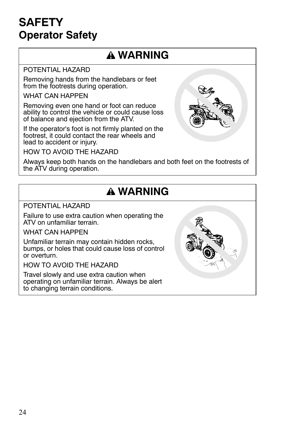 Safety, Operator safety warning, Warning | Polaris Sportsman 9920629 User Manual | Page 27 / 143