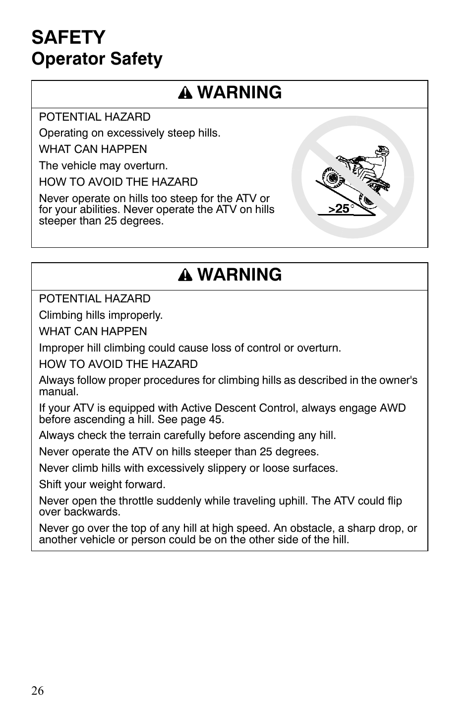 Safety, Operator safety warning, Warning | Polaris Sportsman 9920629 User Manual | Page 29 / 143