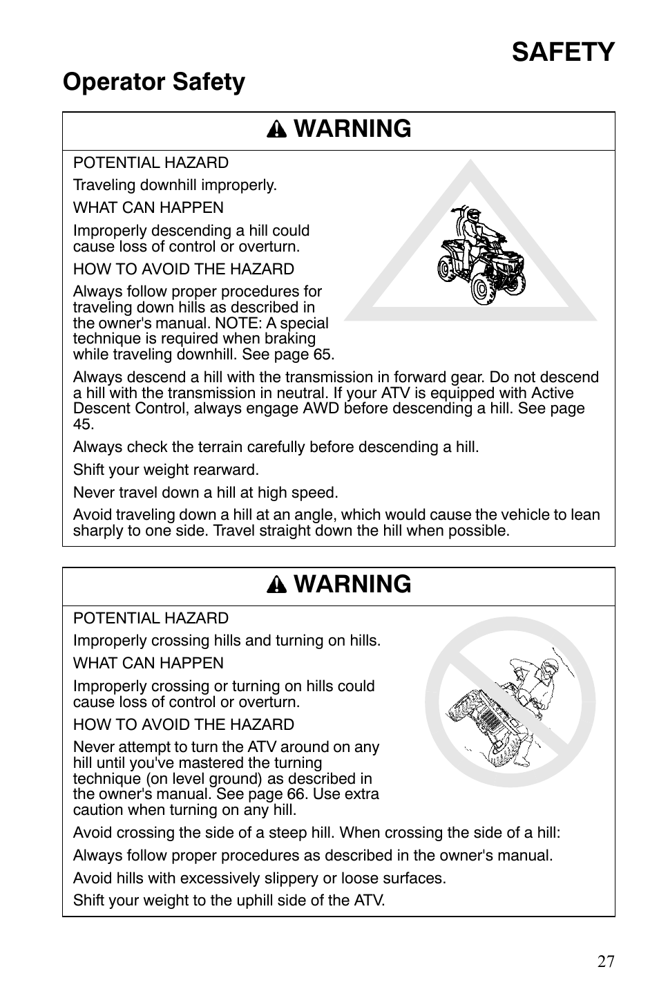 Safety, Operator safety warning, Warning | Polaris Sportsman 9920629 User Manual | Page 30 / 143