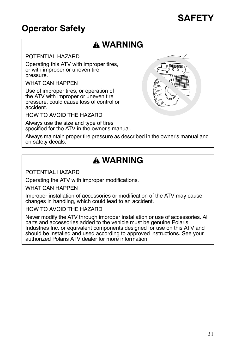 Safety, Operator safety warning, Warning | Polaris Sportsman 9920629 User Manual | Page 34 / 143