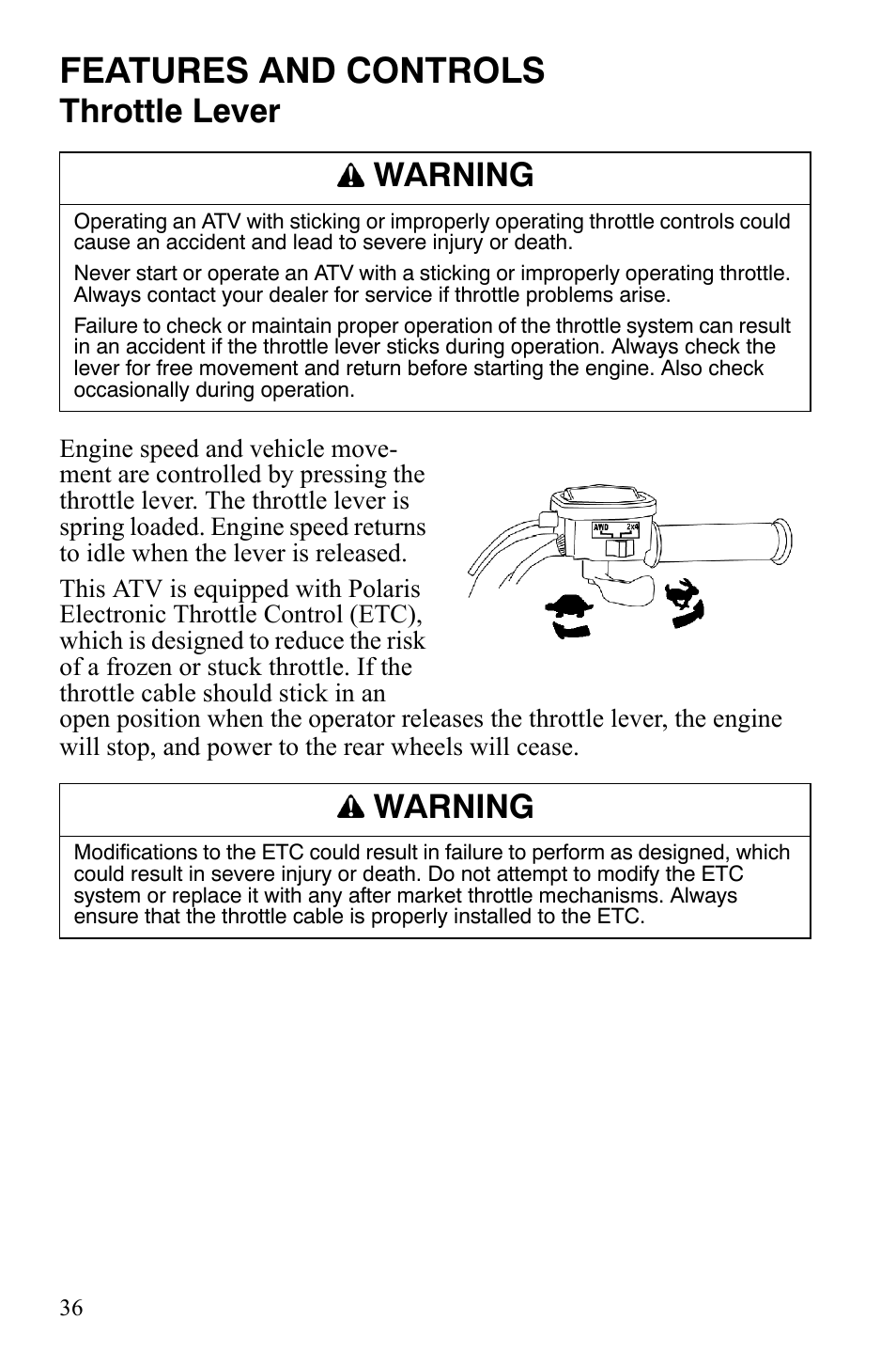 Features and controls, Throttle lever, Warning | Polaris Sportsman 9920629 User Manual | Page 39 / 143