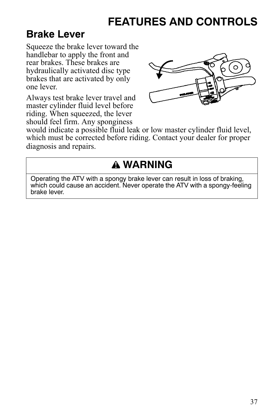 Features and controls, Brake lever, Warning | Polaris Sportsman 9920629 User Manual | Page 40 / 143
