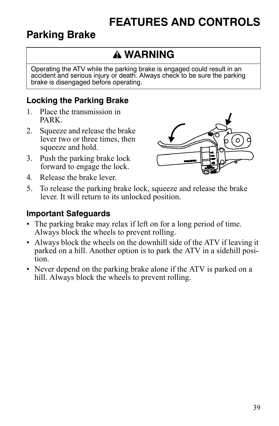 Features and controls, Parking brake, Warning | Polaris Sportsman 9920629 User Manual | Page 42 / 143