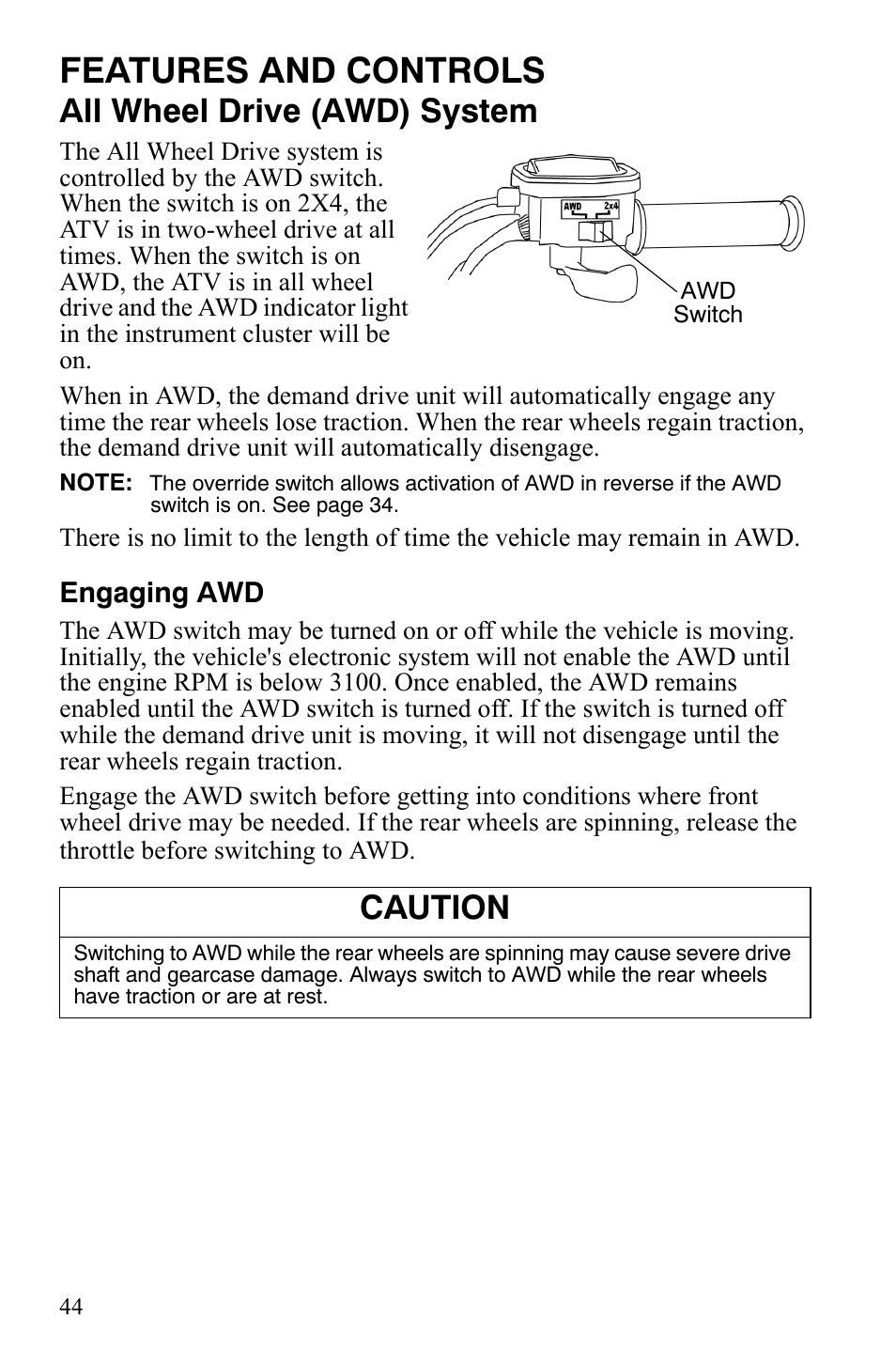 Features and controls, All wheel drive (awd) system, Caution | Polaris Sportsman 9920629 User Manual | Page 47 / 143