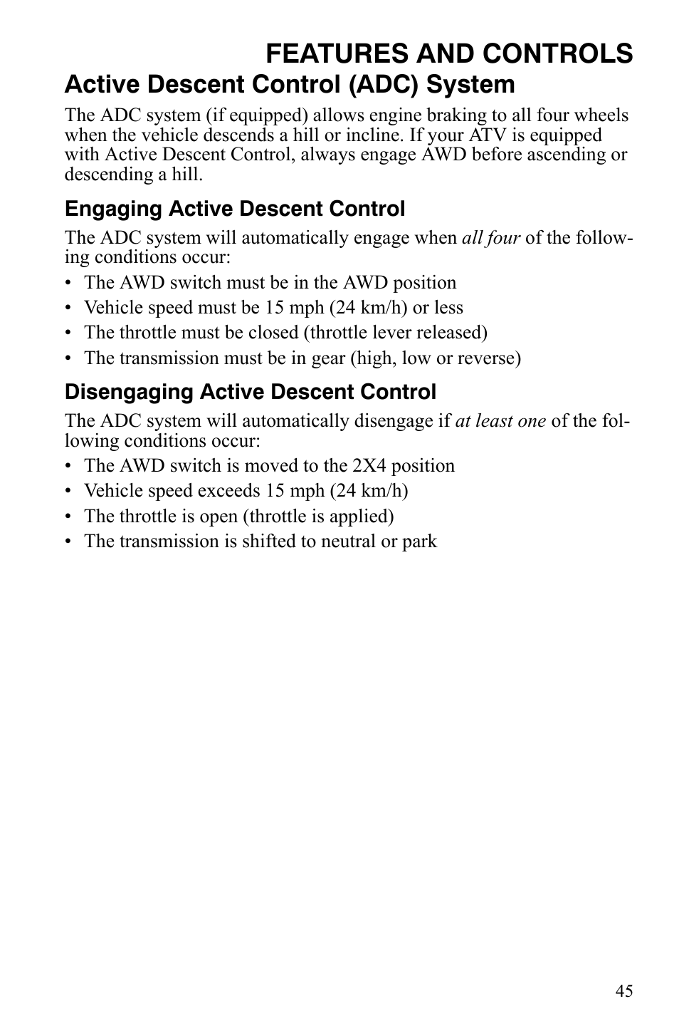 Features and controls, Active descent control (adc) system | Polaris Sportsman 9920629 User Manual | Page 48 / 143