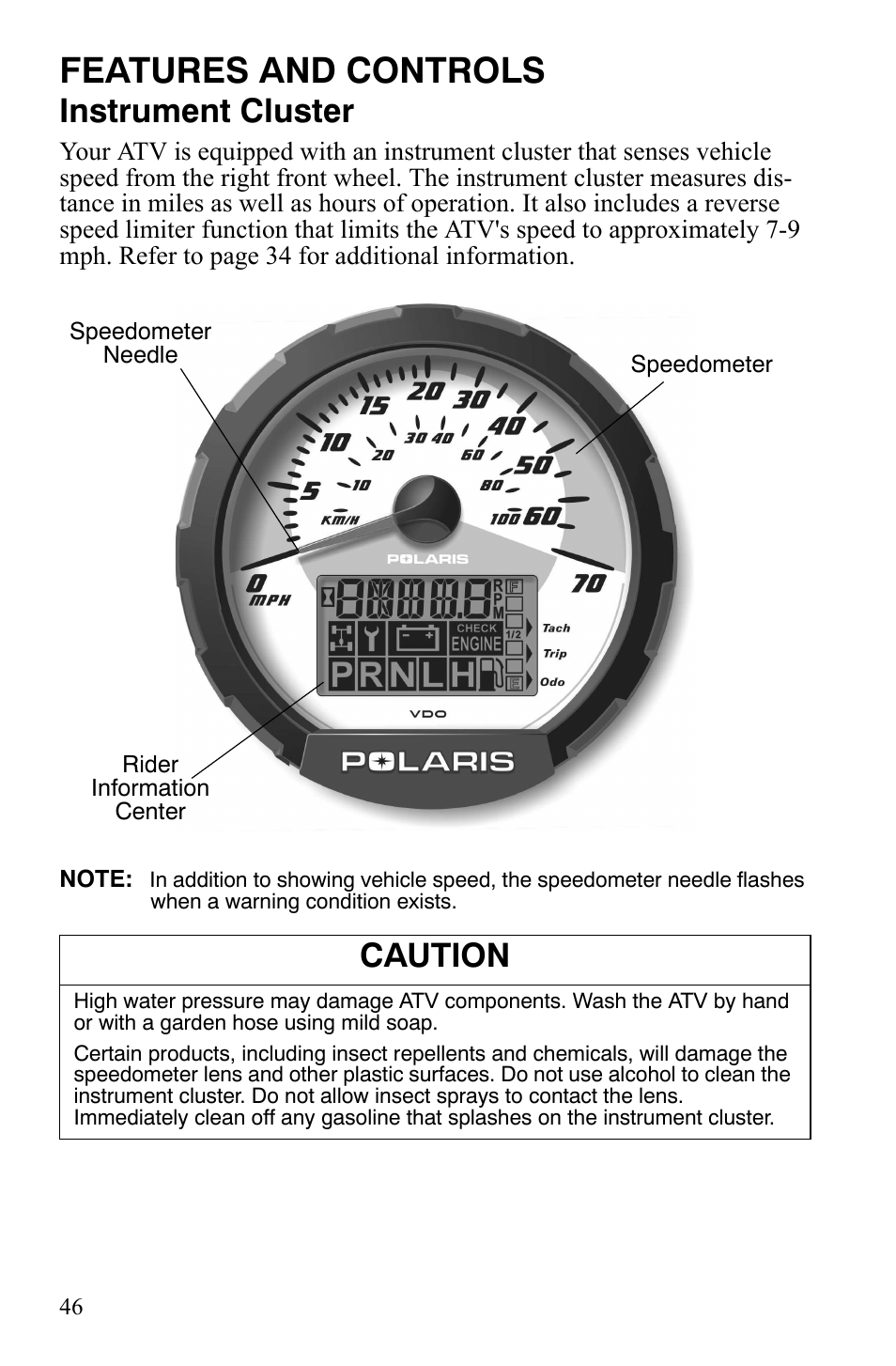 Features and controls, Instrument cluster, Caution | Polaris Sportsman 9920629 User Manual | Page 49 / 143