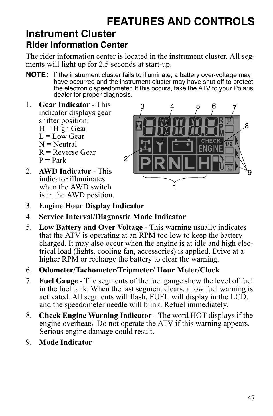 Features and controls, Instrument cluster, Rider information center | Polaris Sportsman 9920629 User Manual | Page 50 / 143