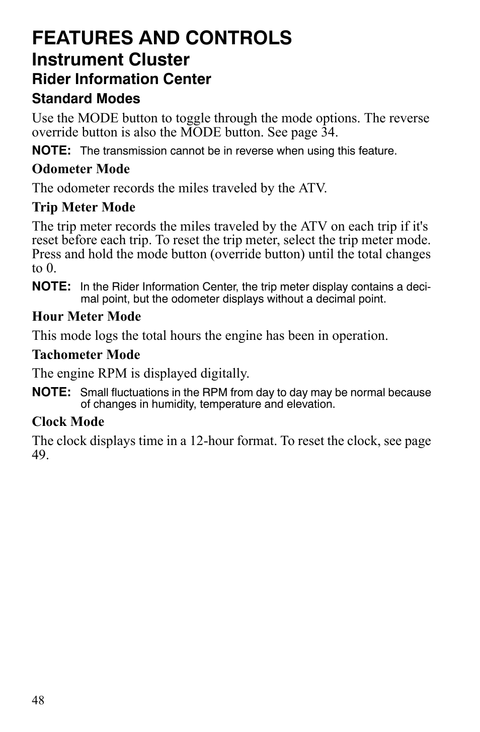 Features and controls, Instrument cluster, Rider information center | Polaris Sportsman 9920629 User Manual | Page 51 / 143