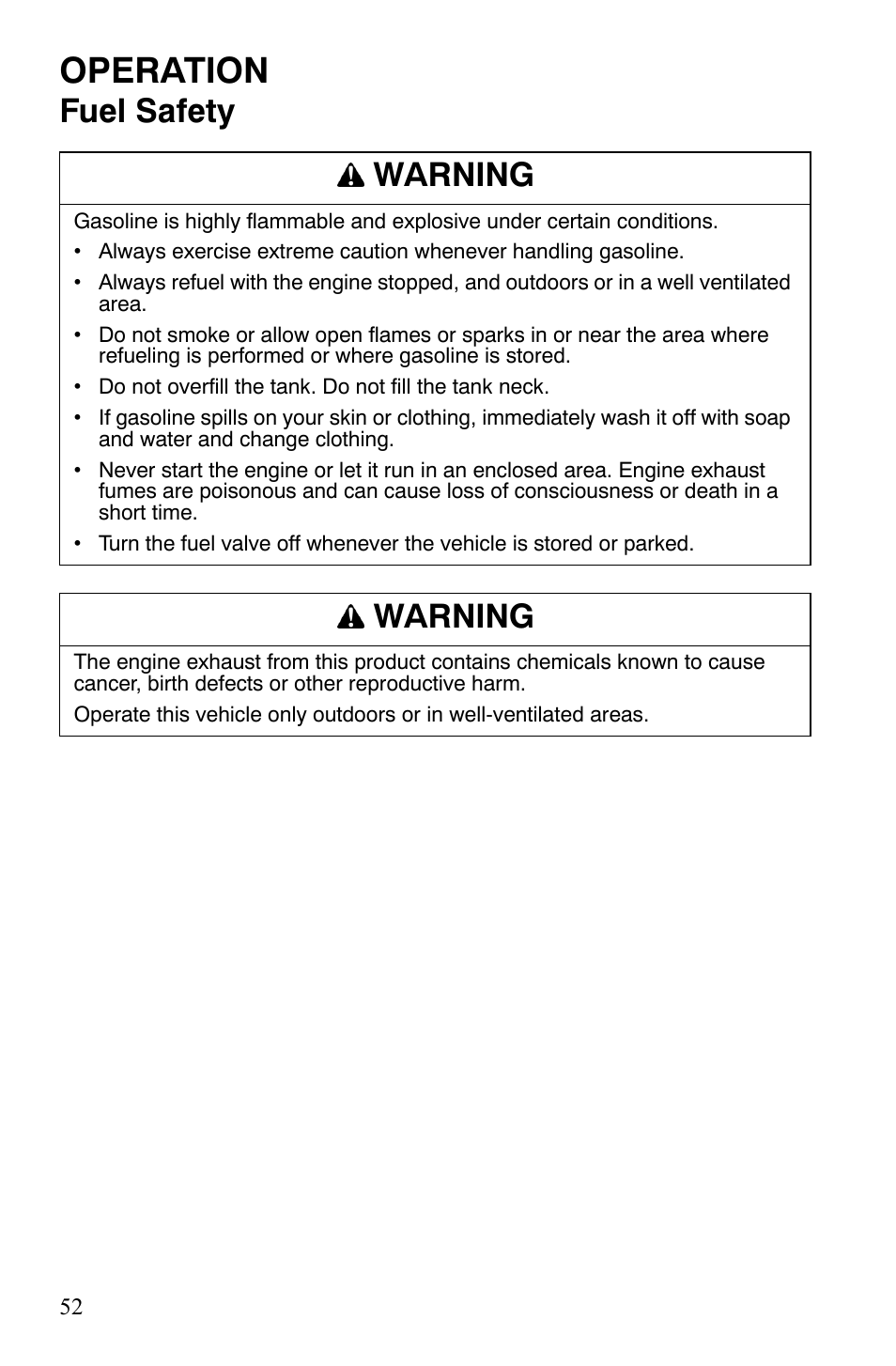 Operation, Fuel safety warning, Warning | Polaris Sportsman 9920629 User Manual | Page 55 / 143