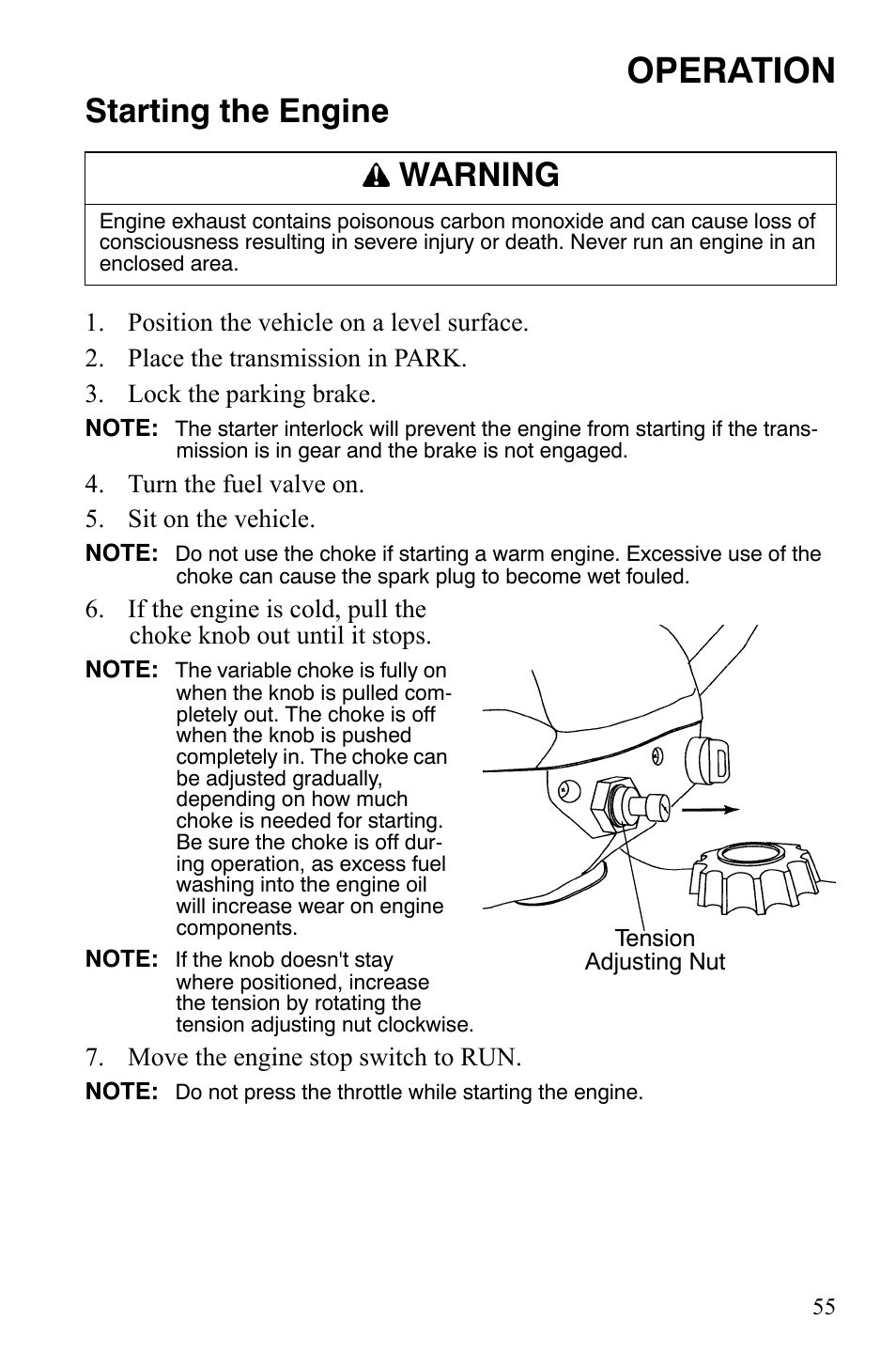 Operation, Starting the engine, Warning | Polaris Sportsman 9920629 User Manual | Page 58 / 143