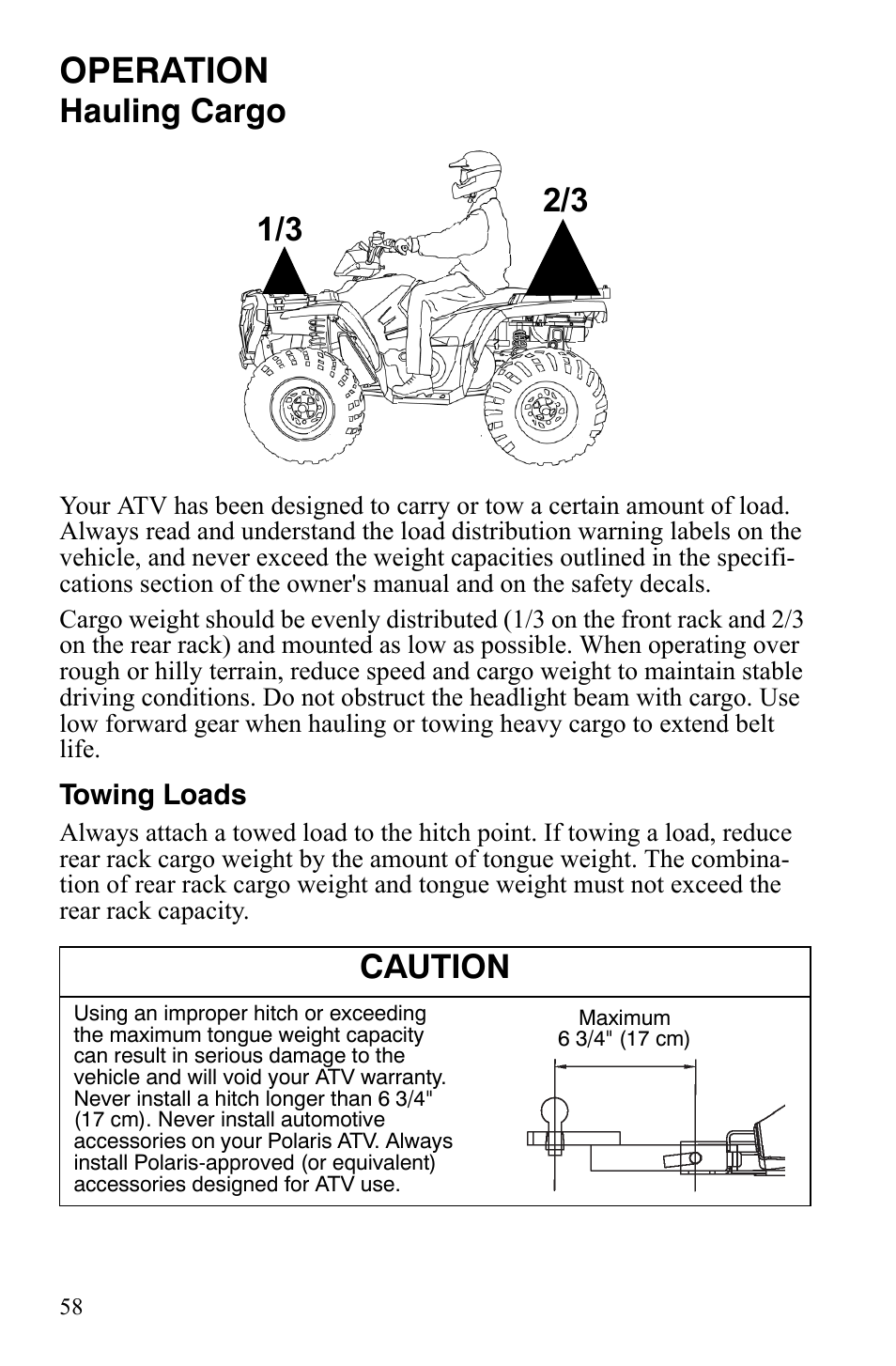 Operation, Hauling cargo, Caution | Polaris Sportsman 9920629 User Manual | Page 61 / 143