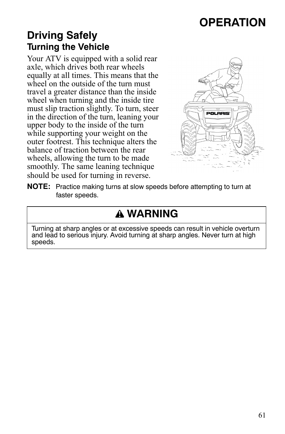 Operation, Driving safely, Warning | Polaris Sportsman 9920629 User Manual | Page 64 / 143