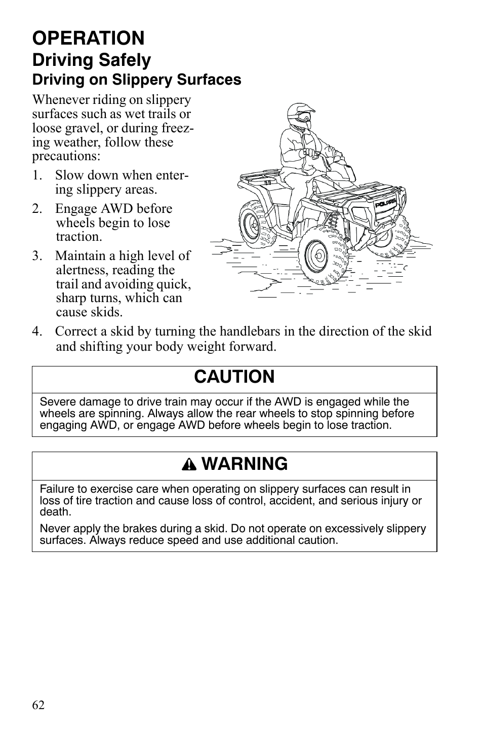 Operation, Driving safely, Caution | Warning | Polaris Sportsman 9920629 User Manual | Page 65 / 143