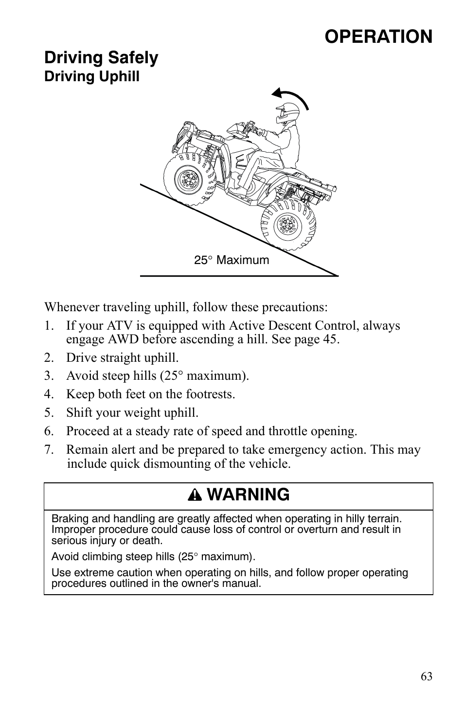 Operation, Driving safely, Warning | Polaris Sportsman 9920629 User Manual | Page 66 / 143