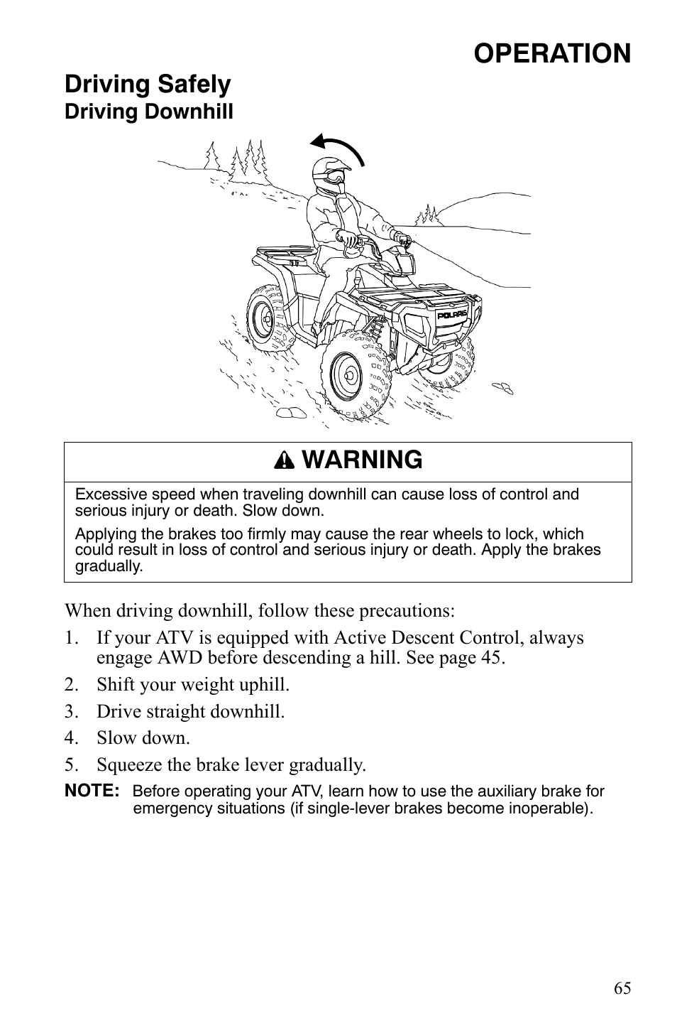 Operation, Driving safely, Warning | Polaris Sportsman 9920629 User Manual | Page 68 / 143