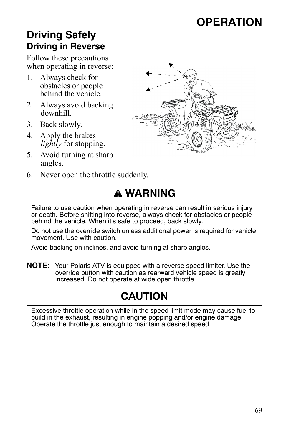 Operation, Driving safely, Warning | Caution, Driving in reverse | Polaris Sportsman 9920629 User Manual | Page 72 / 143