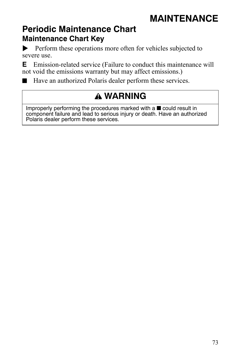 Maintenance, Periodic maintenance chart, Warning | Polaris Sportsman 9920629 User Manual | Page 76 / 143