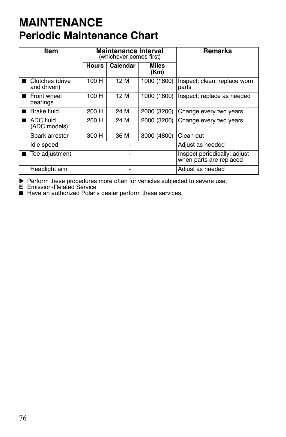Maintenance, Periodic maintenance chart | Polaris Sportsman 9920629 User Manual | Page 79 / 143