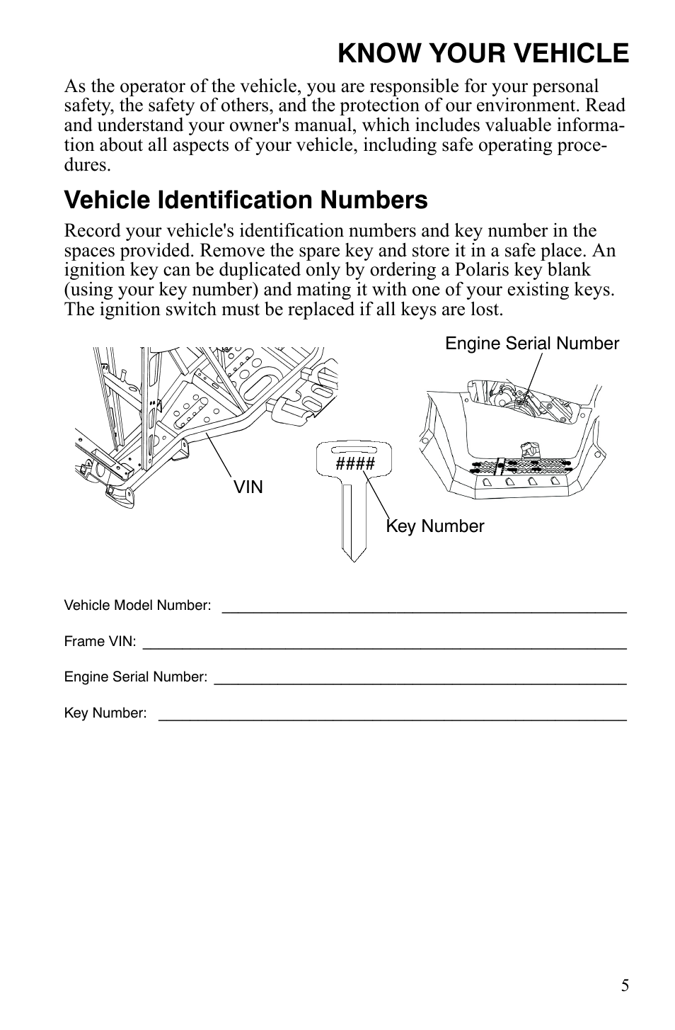 Know your vehicle, Vehicle identification numbers | Polaris Sportsman 9920629 User Manual | Page 8 / 143