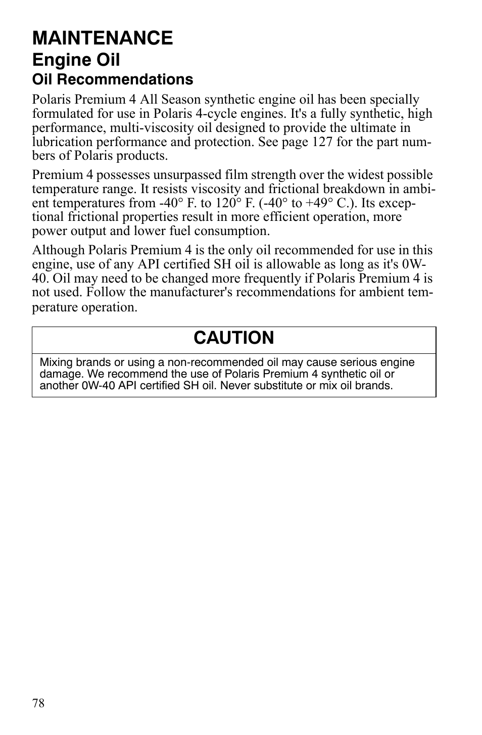 Maintenance, Engine oil, Caution | Polaris Sportsman 9920629 User Manual | Page 81 / 143