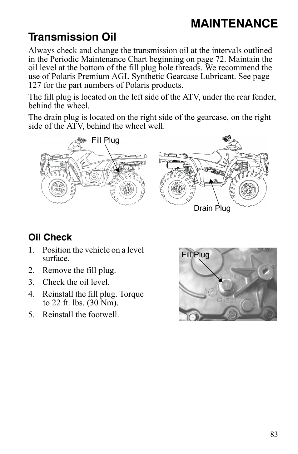 Maintenance, Transmission oil | Polaris Sportsman 9920629 User Manual | Page 86 / 143