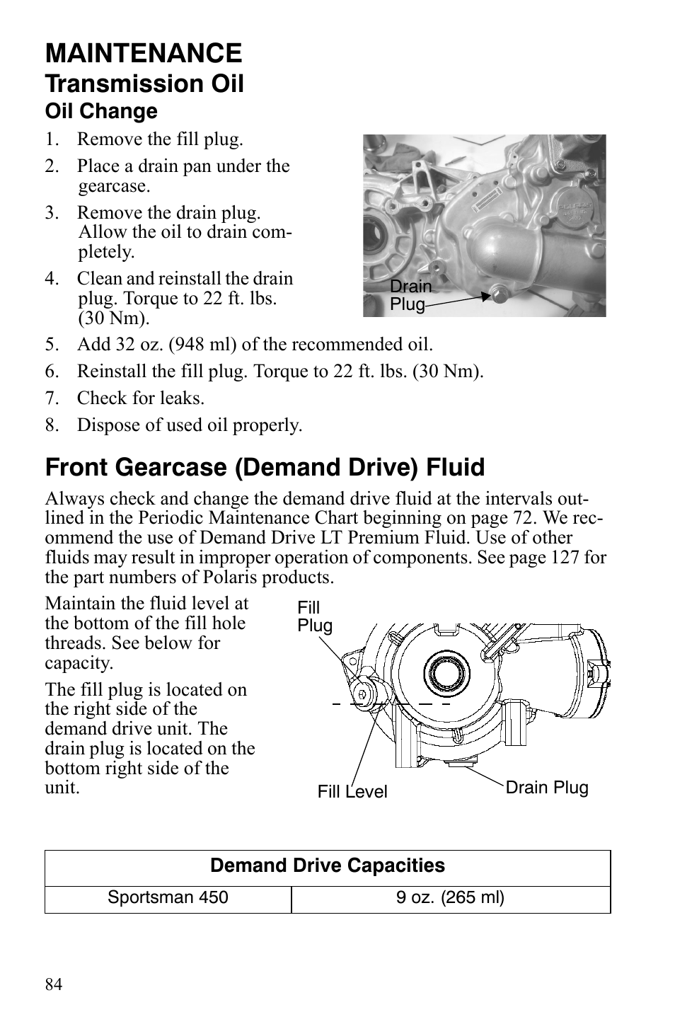Maintenance, Transmission oil, Front gearcase (demand drive) fluid | Polaris Sportsman 9920629 User Manual | Page 87 / 143